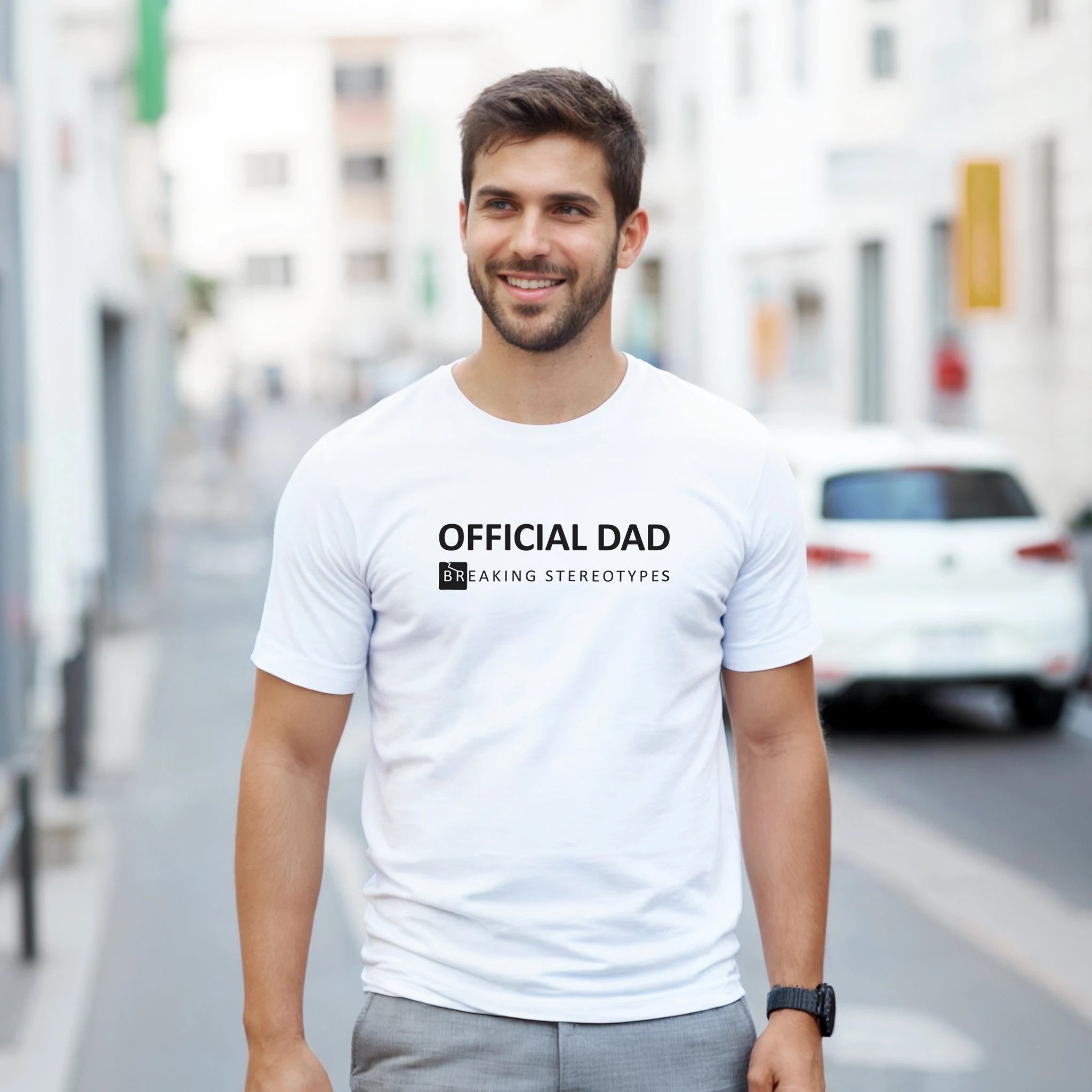 Official Dad Breaking Stereotypes t-shirt close up print