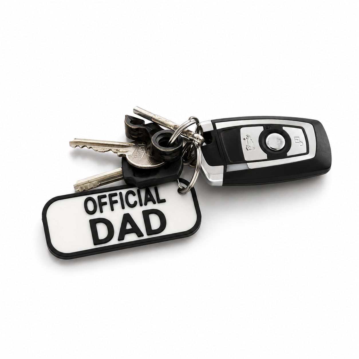 Official Dad keychain close up branding detail
